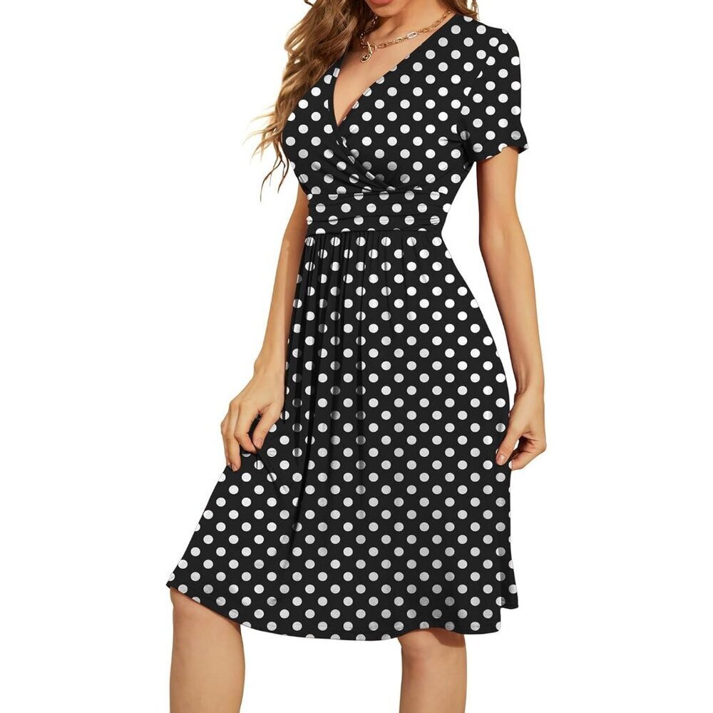 Women White Dot Short Sleeve V-Neck Floral Stretchy Party Dress with Pockets - Picture 3 of 5